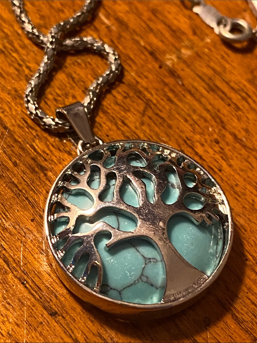 Turquoise Howlite stone Tree of Life Pendant Necklace - Silver Finish